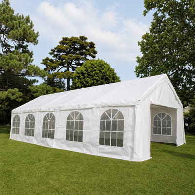10x5m white wedding marquee set up on a lawn with trees behind, aluminium frame and church window walls