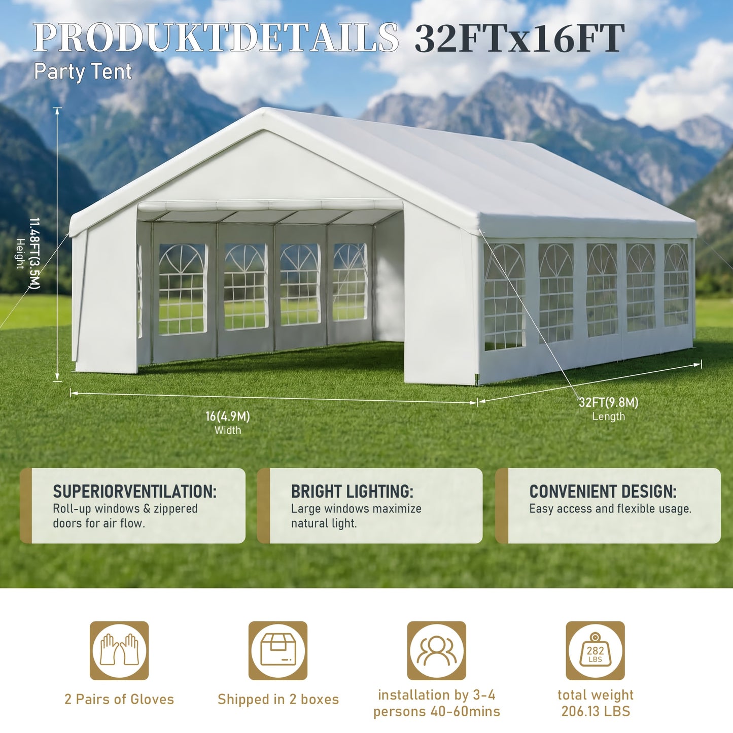 10x5m Luxury Wedding Marquee - White, Aluminium Frame