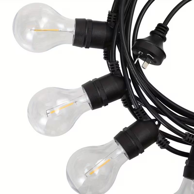 Festoon lights coiled with the standard Australian mains plug and E27 bulb holders