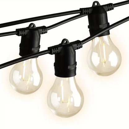 Outdoor festoon string lights with warm white LED bulbs on heavy-duty black cable