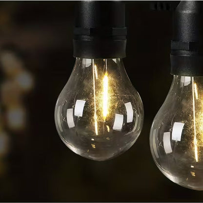 Warm white 2700K festoon light bulbs glowing at night over an outdoor event