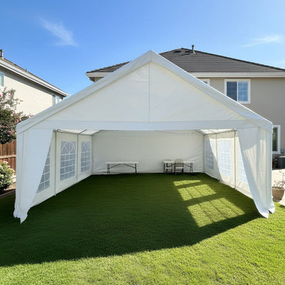 6x6m white marquee fully enclosed in a backyard, 36m2 square footprint