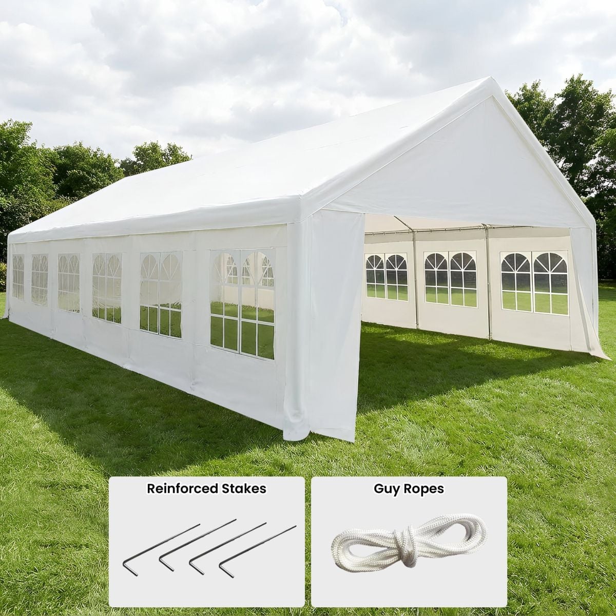 12x7m white marquee on grass with reinforced stakes and guy ropes included
