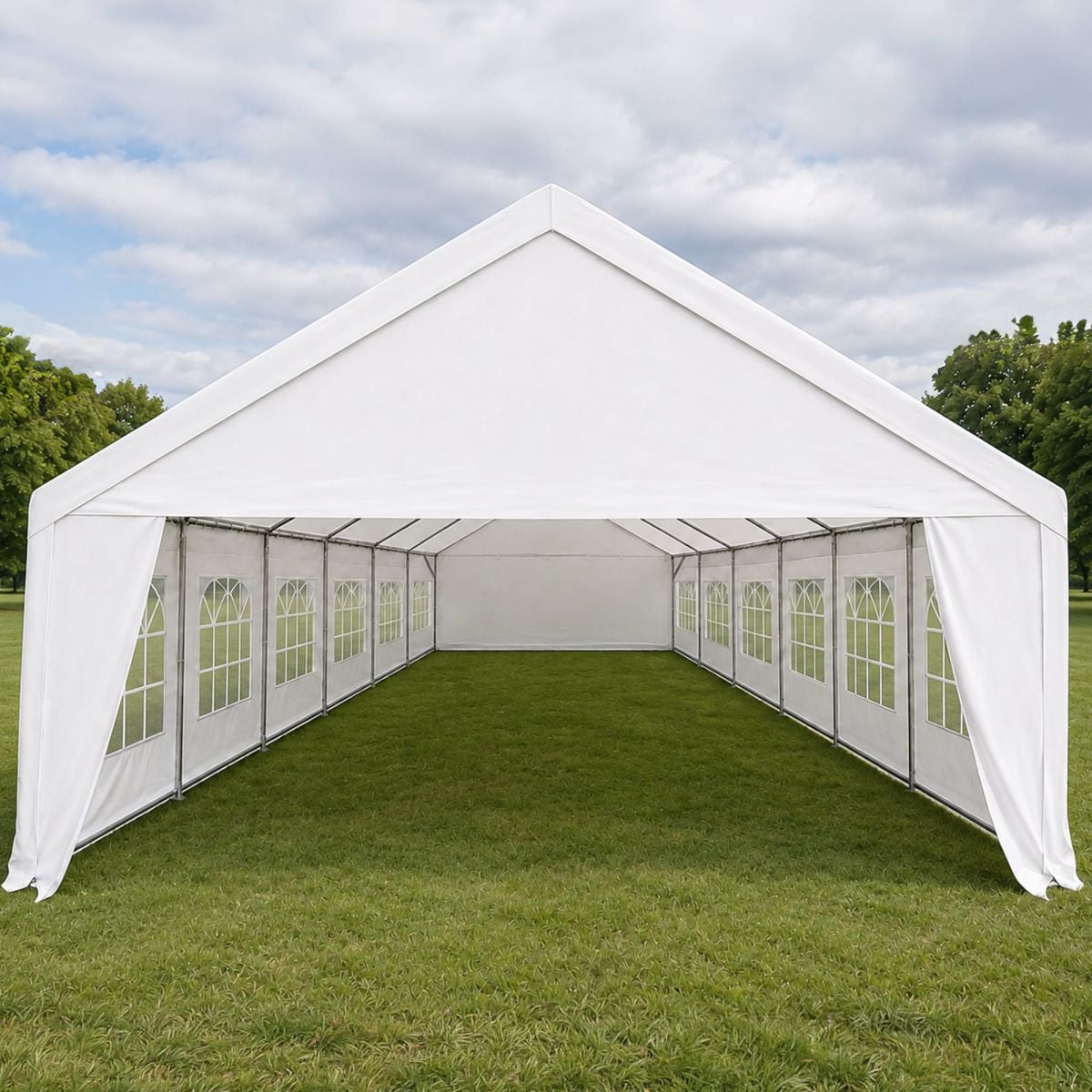 12x7m white event marquee for sale, open front on grass, 84m2 fully enclosed with cathedral windows