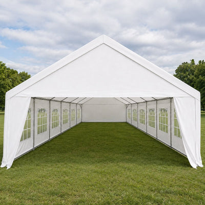 12x7m white event marquee for sale, open front on grass, 84m2 fully enclosed with cathedral windows