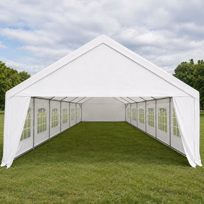12x7m white event marquee for sale, open front on grass, 84m2 fully enclosed with cathedral windows