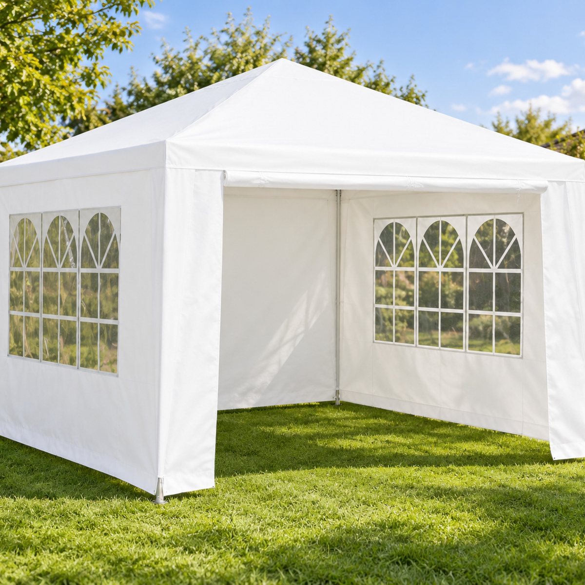3x3m marquee with the front open, showing the white canopy and window side walls