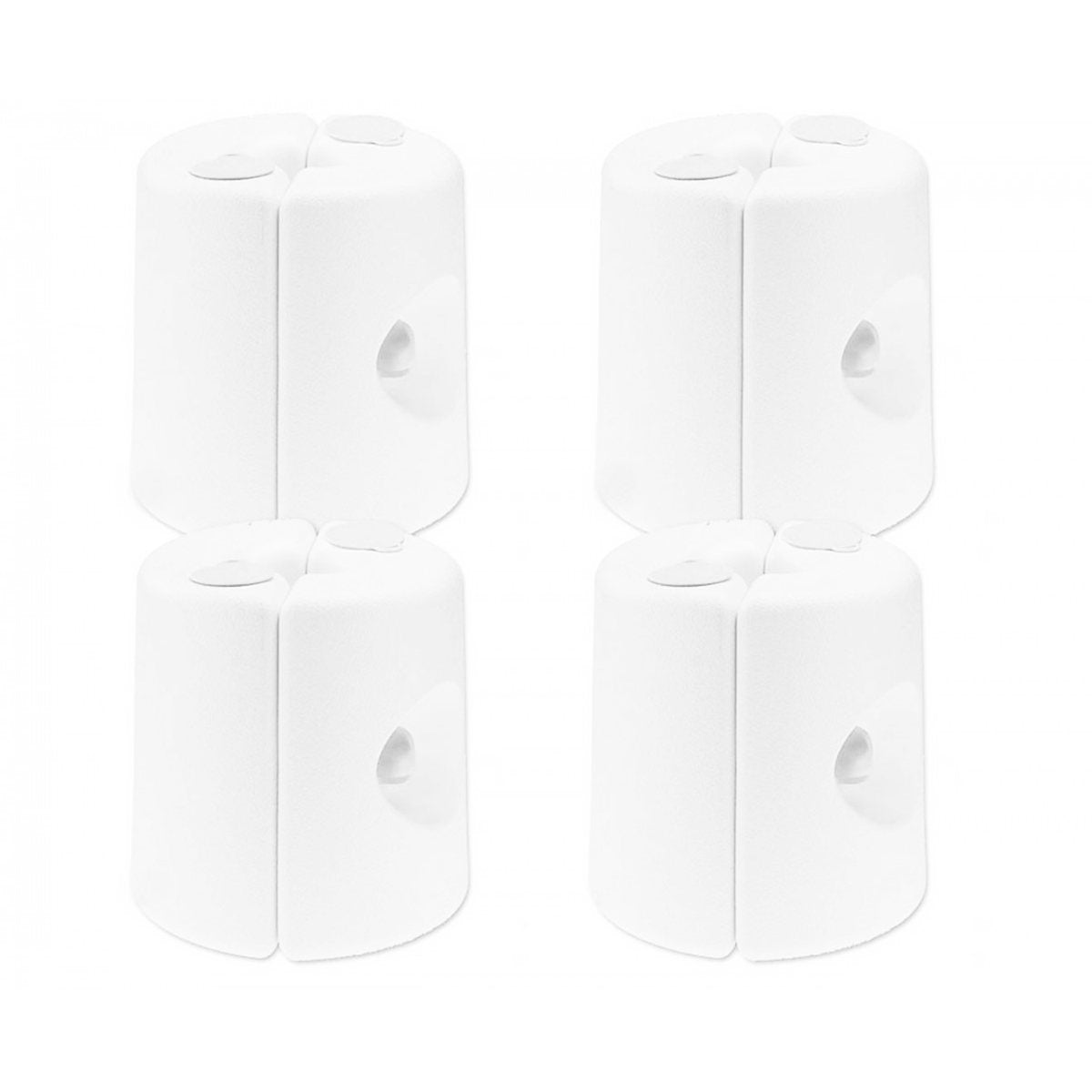 Four white fillable base weight pods for anchoring a marquee or gazebo leg