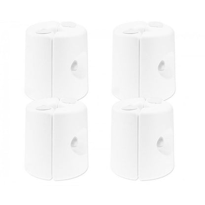 Four white fillable base weight pods for anchoring a marquee or gazebo leg