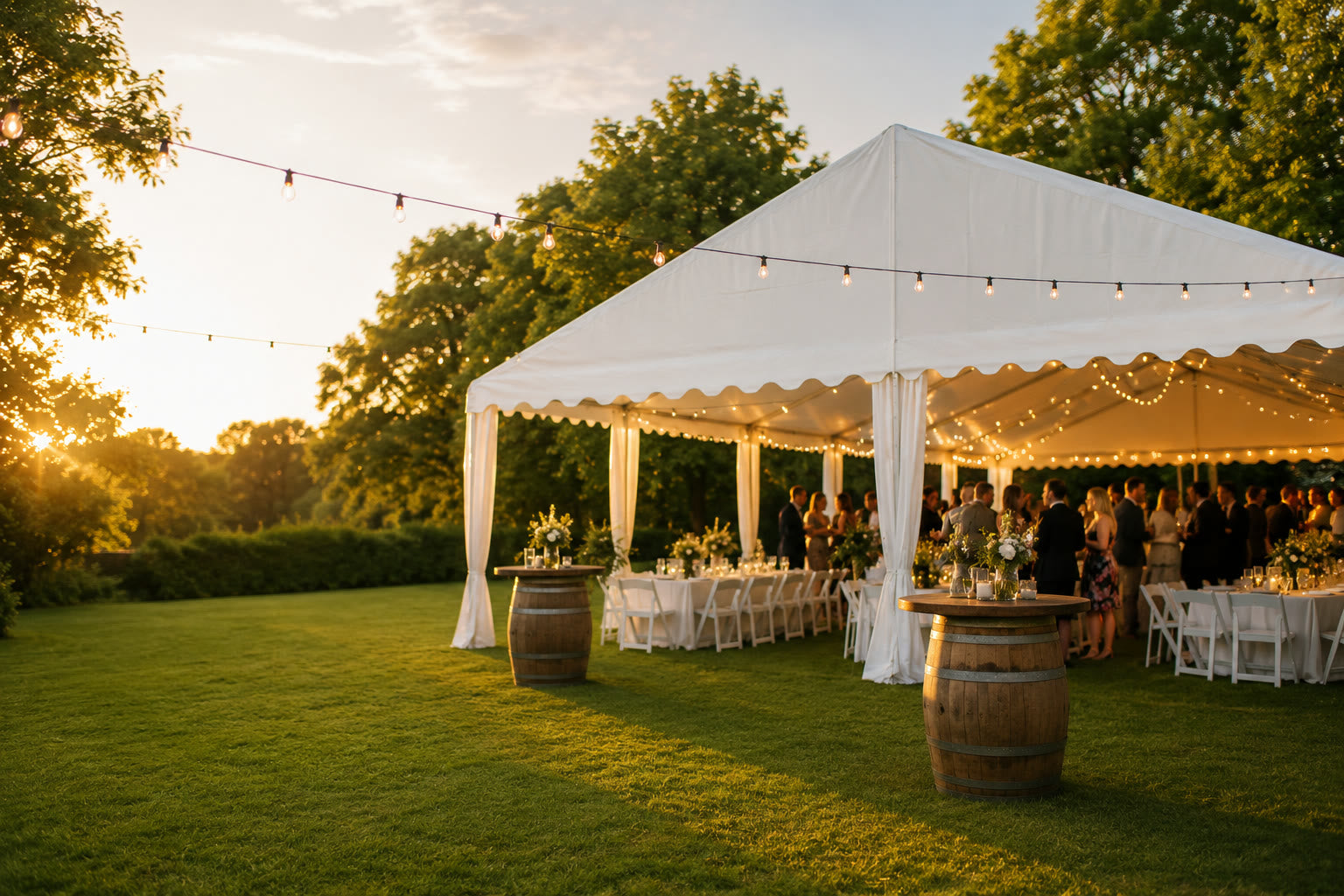 White wedding marquee at golden hour in a garden, festoon lights overhead, for sale at Brisbane Marquee Sales.